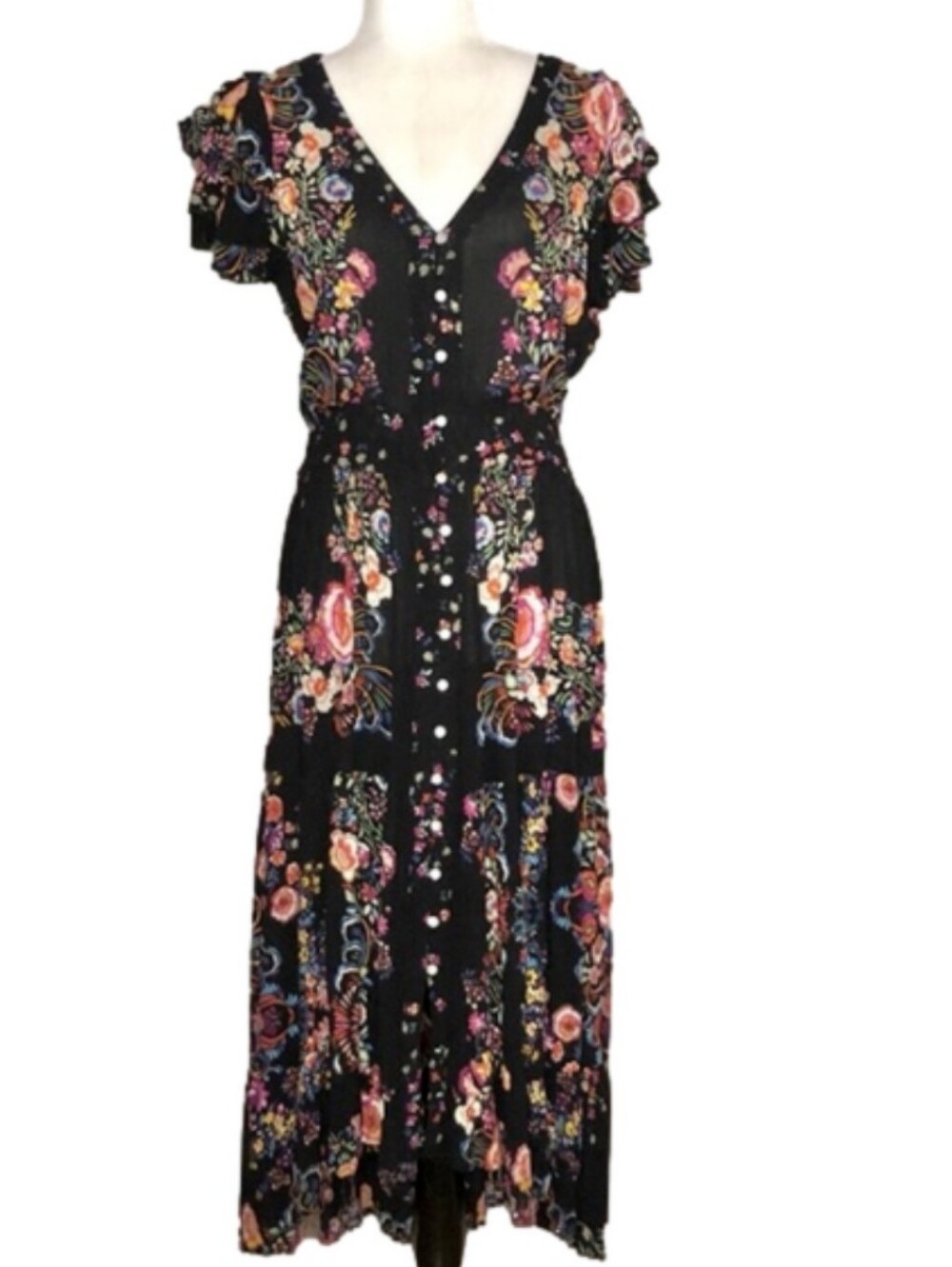 Patrons of Peace Black Floral Button-Front Maxi Dress